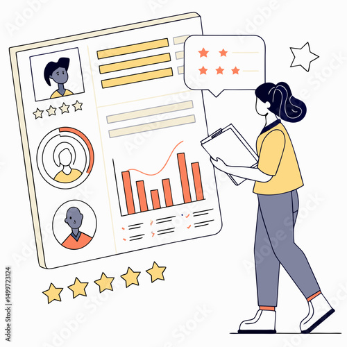Woman reviewing employee performance data charts graphs
