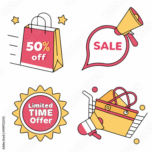 Professional sale icons set 50 percent off limited time offer