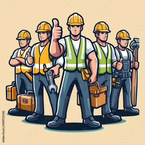 Modern Construction Worker Mascot Vector in Hardhat Gloves Boots Holding Toolbox Standing on Site for Building Repair Service Contractor Maintenance Graphic Illustration for Company Identity