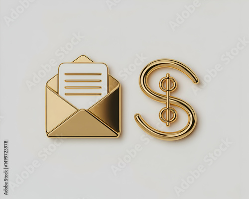 Gold Envelope with Document and Dollar Sign Icon 3D Render