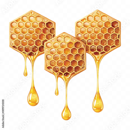 realistic glossy honeycomb, honey cell slices  dripping with fresh liquid honey isolated on transparent background.