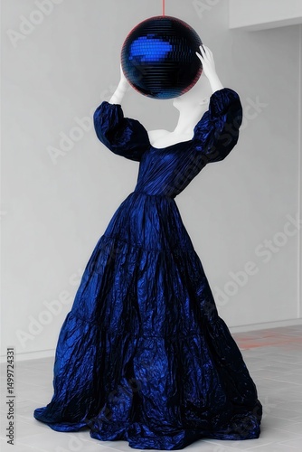 Avant-garde fashion sculpture of mannequin in dark gown lifting glowing disco ball in sterile gallery space.