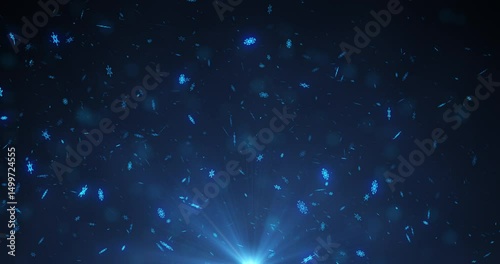 Beautiful magic snowflakes falling on blue background. Winter, Christmas, New Years, Holidays background. I used a 3D program for this video. Seamless looping 4k