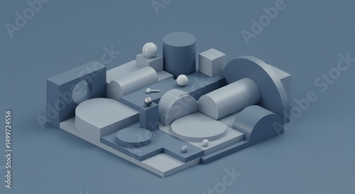 Fototapeta Naklejka Na Ścianę i Meble -  Abstract 3D Geometric Shapes Composition Modern Minimalist Design, Blue Hues, Isometric View, Digital Art, Graphic Design Elements, Shapes, Forms, Architecture, Abstract Background