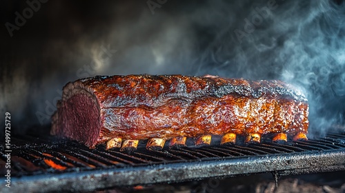 Delicious Smoked Prime Rib Roast on Grill Cooking Outdoors, Barbecue Meat Food