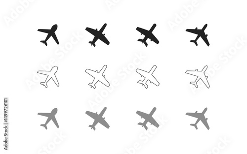 Airplane icon set. Aircraft vector sign. Airport arrival departure symbol.  Plane icon set. Flight transport symbol. Airplane icon vector isolated on white background Travel symbol.