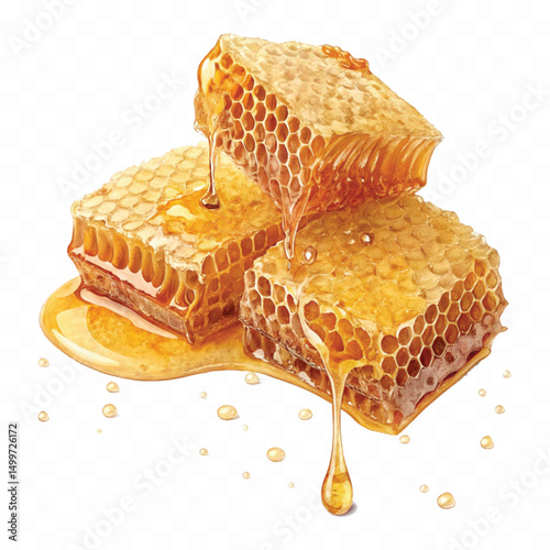 realistic glossy honeycomb, honey cell slices  dripping with fresh liquid honey isolated on transparent background.
