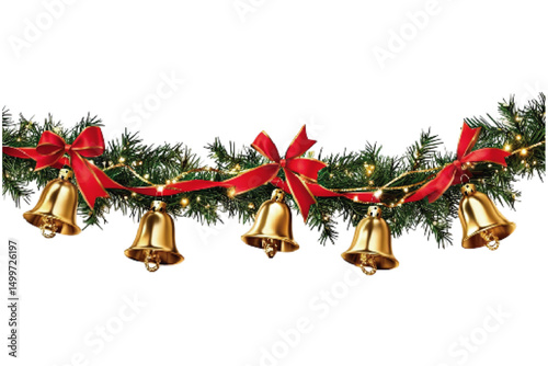 Golden bells adorned with red ribbons and lush green pine foliage for a festive holiday decoration