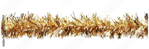 Shiny golden tinsel garland on a white background, perfect for festive decorations during celebrations and holidays