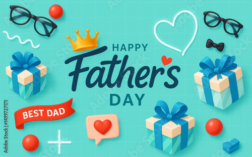 vector illustration celebrating Father's Day, featuring a gift box outline with a colorful stitched ribbon