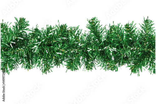 Decorative green garland with tinsel and shiny strands, perfect for festive occasions and holiday decorations on a white background