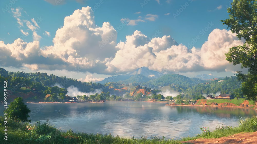 Fototapeta premium Serene Lake Scenery With Mountains And Clouds