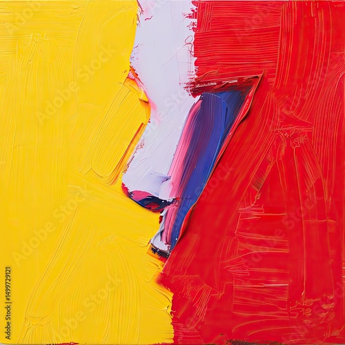 Abstract oil painting composed of vibrant yellow red white and blue brushstrokes creating a modern artwork