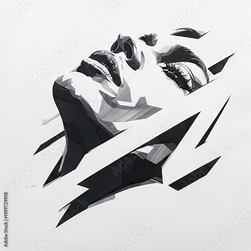Abstract black and white illustration depicting a woman's face with a geometric and modern artistic style