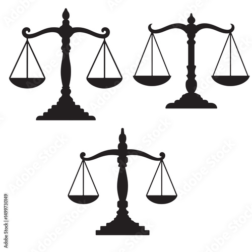 Scales of Justice Line Art Icon Legal Symbol, Black Silhouettes of Scales of Justice set