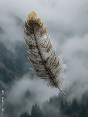 Floating feather in misty mountains nature photography serene environment close-up view ethereal concept