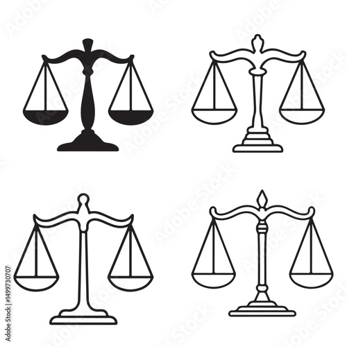 Scales of Justice Line Art Icon Legal Symbol, Black Silhouettes of Scales of Justice set