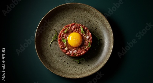 Overhead Shot of Steak Tartare with Egg Yolk on Speckled Plate