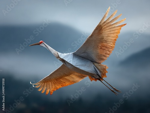 Graceful crane in flight over misty landscape nature photography dramatic environment captured from ground level