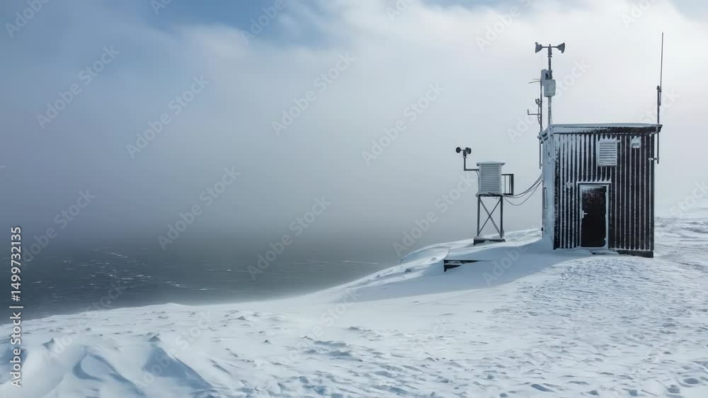 Remote arctic weather station battling intense snow and wind on isolated coastline Remote arctic weather station battling intense snow and wind on isolated coastline
