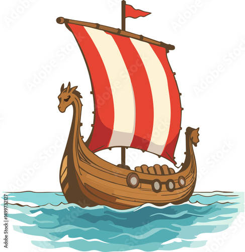 Hand-Drawn Viking Longship Vector with Red and White Sail on Ocean Waves – Ancient Norse Boat Illustration for Historical and Educational Designs