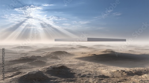 Surreal desert landscape with ethereal structures remote location digital artwork tranquil atmosphere aerial view abstract concepts