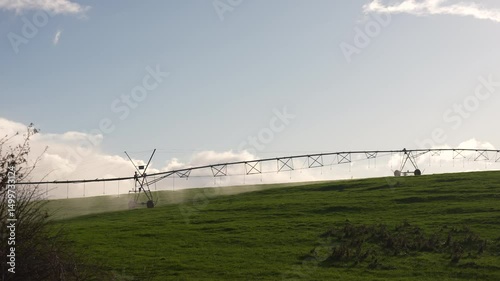 Agricultural irrigation pivot on a regenerative agriculture farm. Sustainable agriculture in Australia. Round pivot. Circular cropping. 
