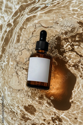 Clear Liquid Serum Bottle Floats Gracefully on Water Surface Reflecting Sunlight