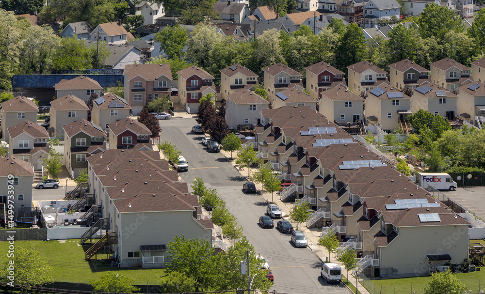 custom made wallpaper toronto digitalRow of identical stand alone houses on a suburban street in Staten Island New York City.