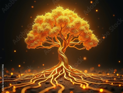 A majestic golden tree with Bitcoin coins growing as leaves, glowing roots connecting to digital blockchain networks underground