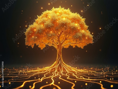 A majestic golden tree with Bitcoin coins growing as leaves, glowing roots connecting to digital blockchain networks underground
