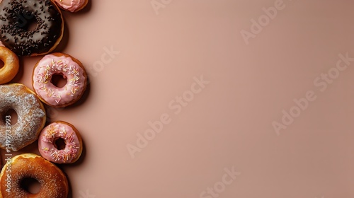 Assorted Donuts With Various Toppings on a Light Background Ready for a Sweet...