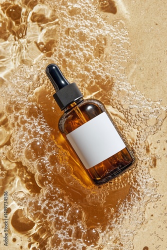Amber Bottle With Dropper Floats in Golden Bubbles on Textured Surface in Ser...