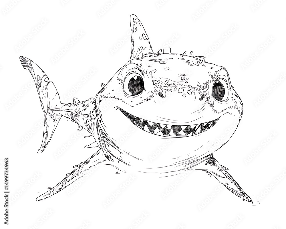 Fototapeta premium Adorable cartoon shark sketch, smiling, detailed scales and fins