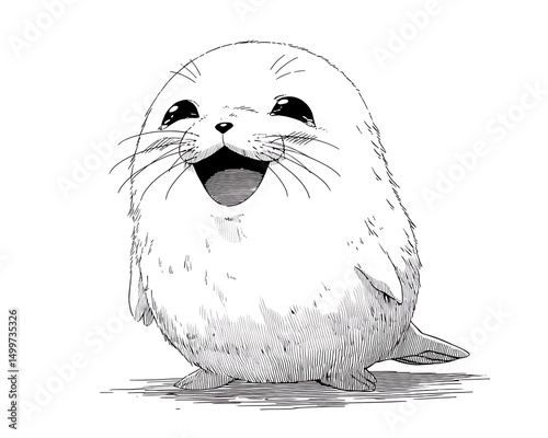 Adorable chubby seal pup, smiling happily.  Drawn in monochrome
