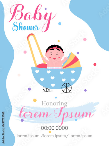 Baby Shower invitation card design. Babies elements, clothes, balloons, toys and decoration. Its a girl New baby arrival party vector template.