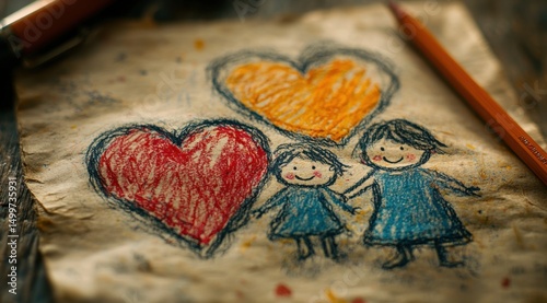 Child's Crayon Drawing of Two Girls Holding Hands Under Red and Yellow Hearts on Aged Paper