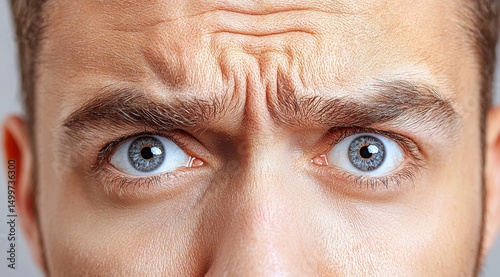 Intense Close-Up of a Caucasian Man's Face with Worried Expression and Furrowed Brow Displaying Clear Emotion