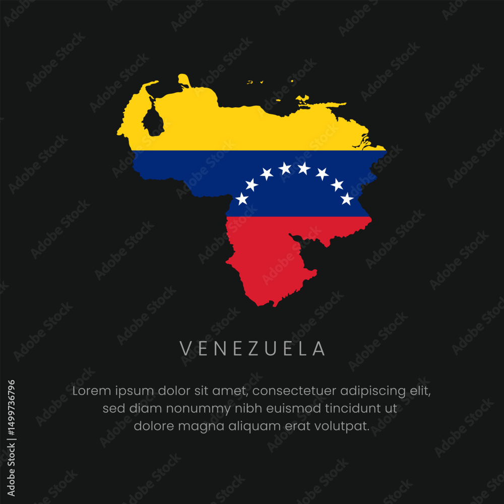 Obraz premium Venezuela Map with National Flag Colors and Stars, Highlighting Country's Geographic Shape and Symbolism.