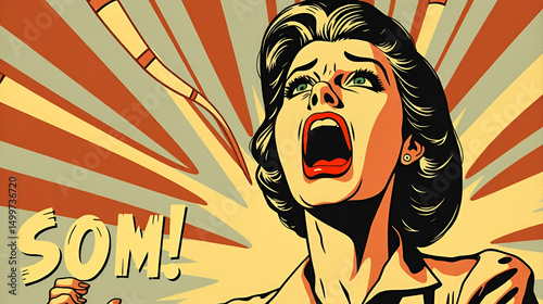 Vintage 1950s inspired illustration featuring a shocked woman screaming, showcasing classic propaganda art.