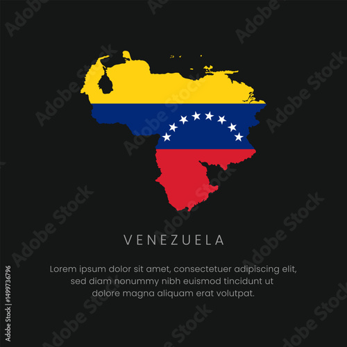 Venezuela Map with National Flag Colors and Stars, Highlighting Country's Geographic Shape and Symbolism.