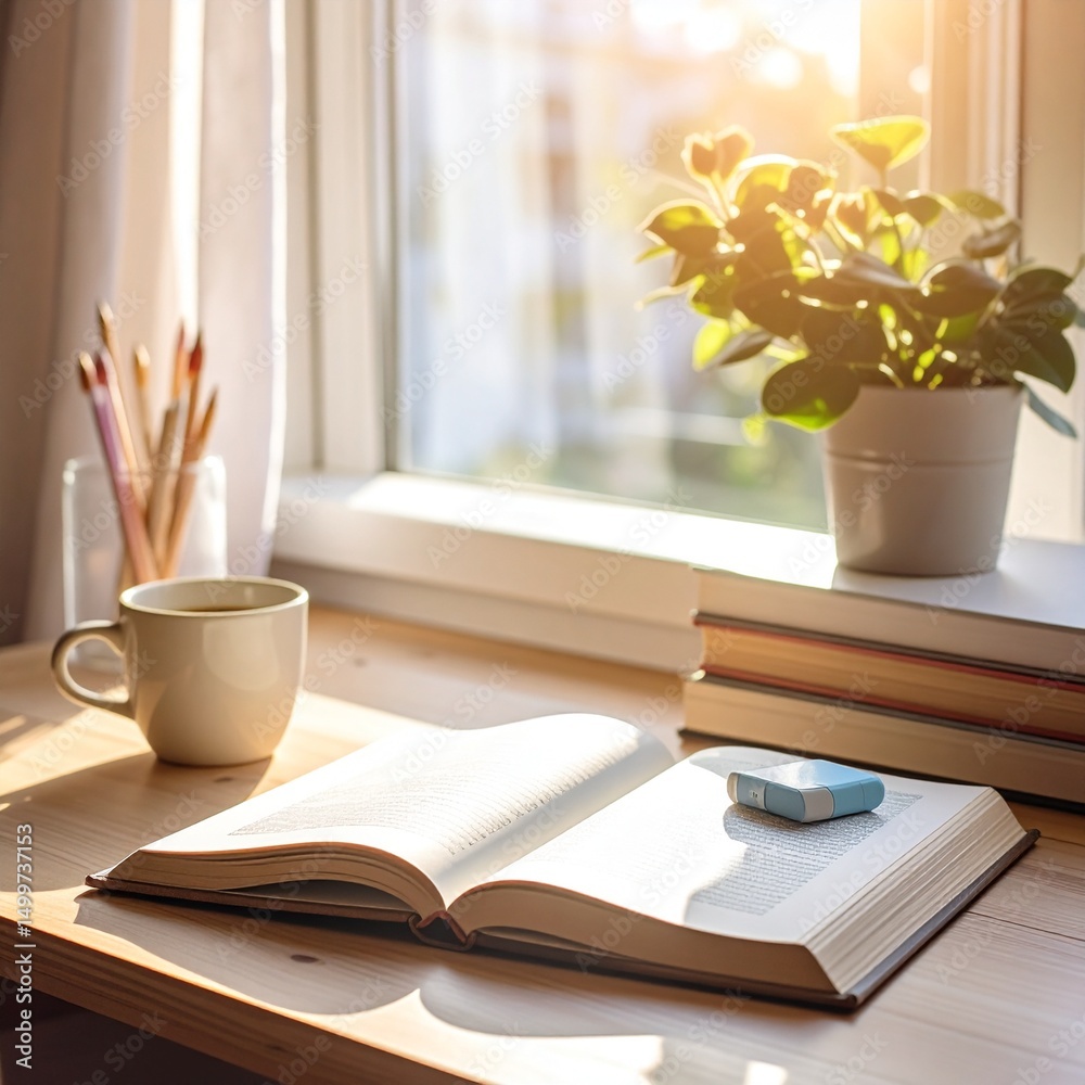 a cozy study desk setup with open books, a cup of coffee, pastel highlighters, a wooden desk a cozy study desk setup with open books, a cup of coffee, pastel highlighters, a wooden desk
