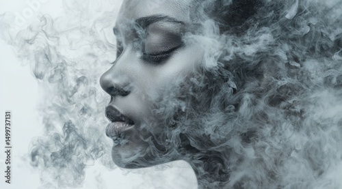 Artistic portrait of a serene woman enveloped in ethereal smoke