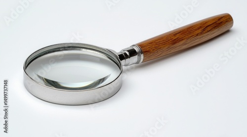Magnifying Glass with Wooden Handle Inspecting Details on a White Background for Education or Detective Work