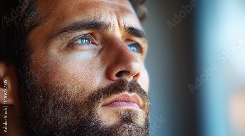 Close-up of a Thoughtful Man with Blue Eyes Gazing Upward, Showing Complex Emotions and Fine Skin Detail