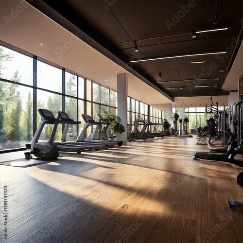 a modern  minimalistic gym interior with large windows  natural sunlight