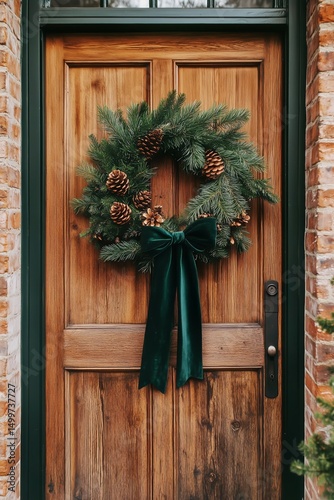 Elegant Wreath Adorned With Pinecones Hangs on a Wooden Front Door During Win...