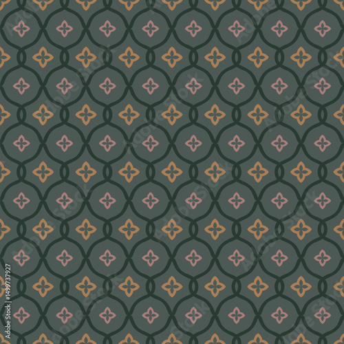 Elegant vector seamless pattern in oriental style. Abstract geometric floral ornament with curved shapes, simple flower silhouettes, grid, lattice. Stylish background in dark green, pink, yellow tones