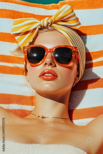 Bright Sunny Day by the Pool With a Fashionable Woman Relaxing in Stylish Sun...