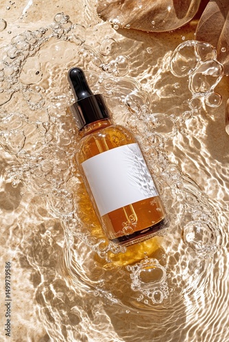 Clear Liquid Serum Bottle Floats Gracefully on Water Surface Reflecting Sunlight